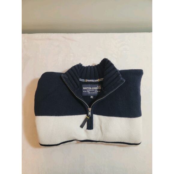 Nautica Sweater Mens XL Blue White 1/4 Zip Color Block Striped Preppy Golf - Picture 1 of 10